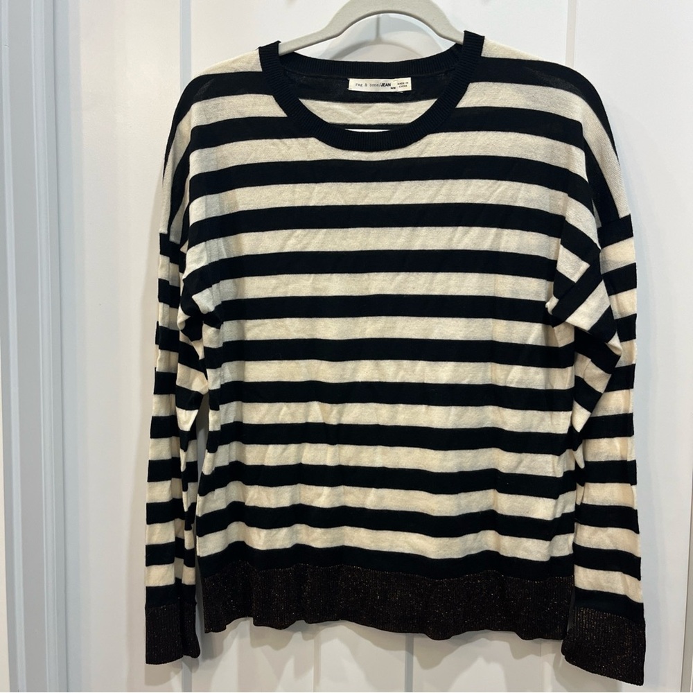 Rag & Bone Women’s White Black‎ Striped June Crew Sweater Size M Metallic Hem